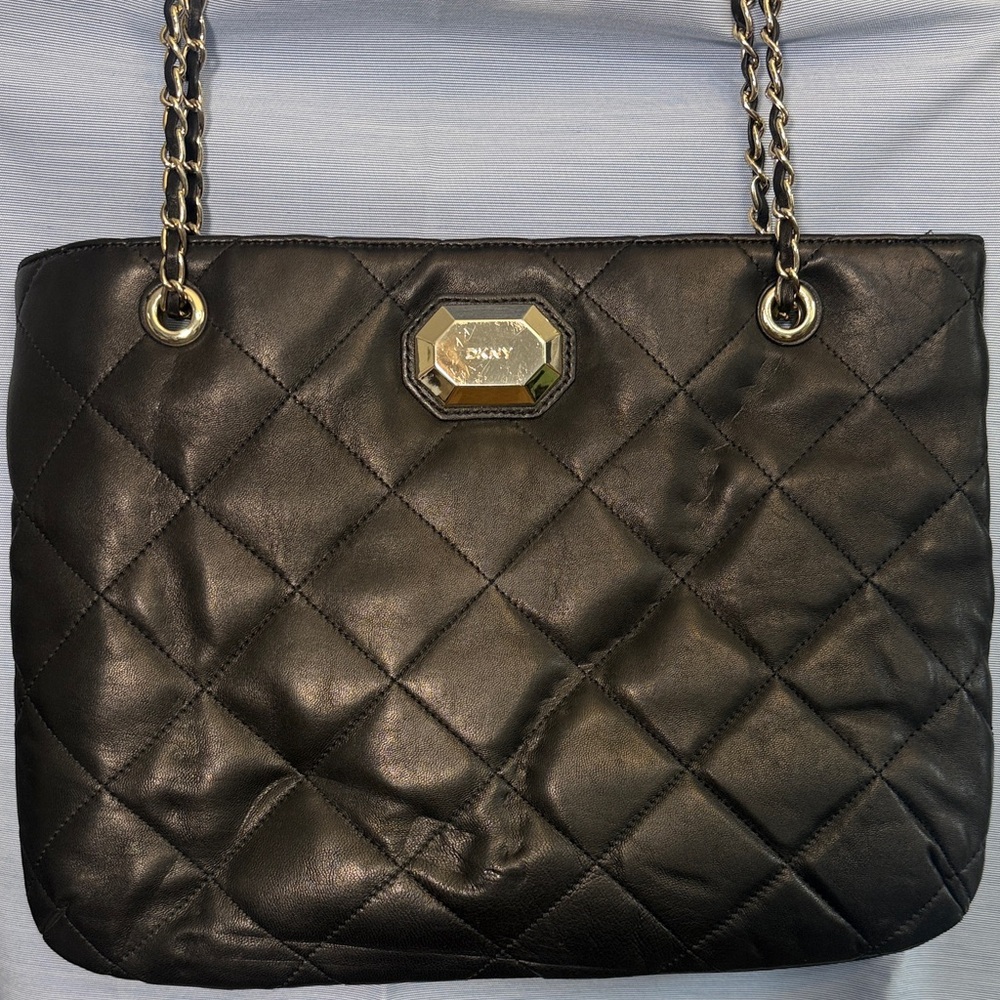 DKNY Quilted Black Leather Chain Shoulder Tote with Gold Hardware